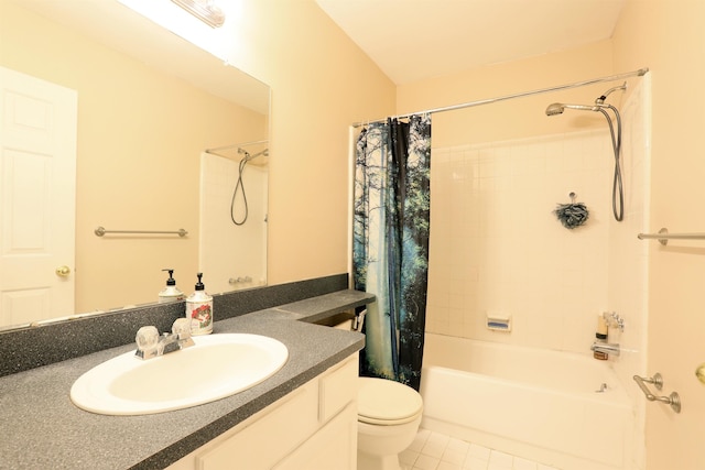 bathroom featuring toilet, shower / tub combo, tile patterned flooring, and vanity