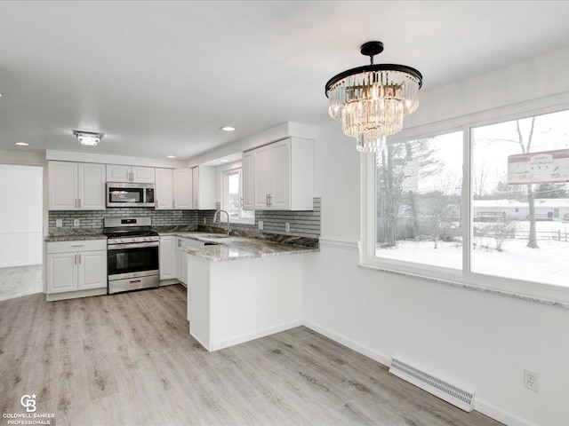 kitchen with appliances with stainless steel finishes, decorative light fixtures, tasteful backsplash, white cabinetry, and kitchen peninsula