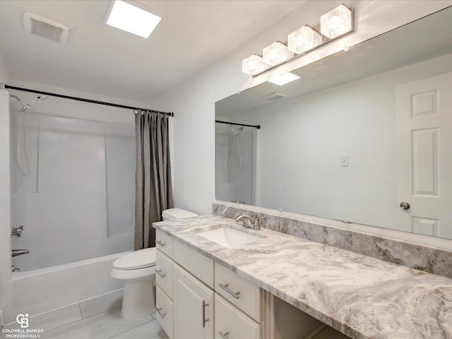 full bathroom featuring vanity, toilet, and shower / bathtub combination with curtain