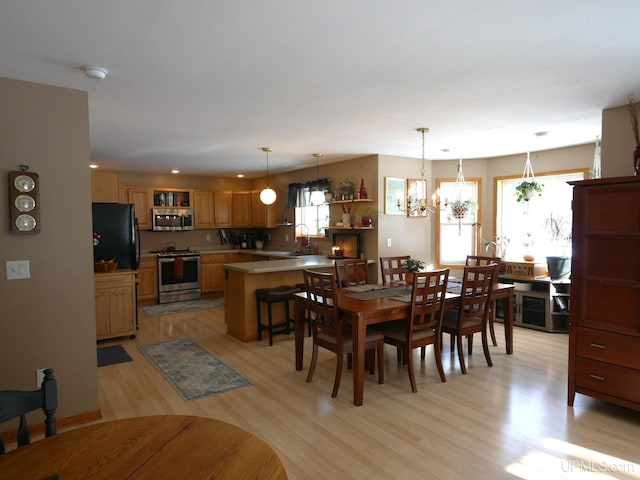 dining room with sink, an inviting chandelier, and light hardwood / wood-style floors