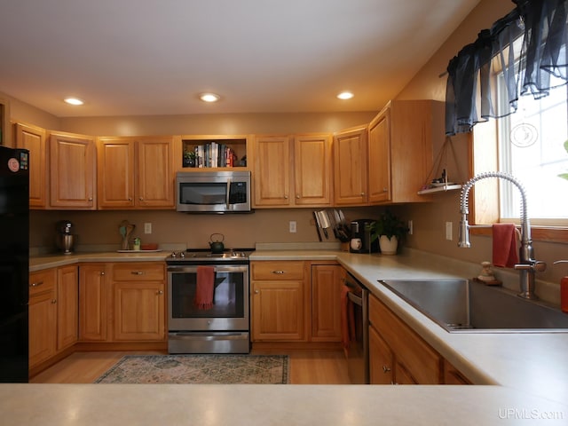 kitchen featuring stainless steel appliances, sink, and light hardwood / wood-style floors