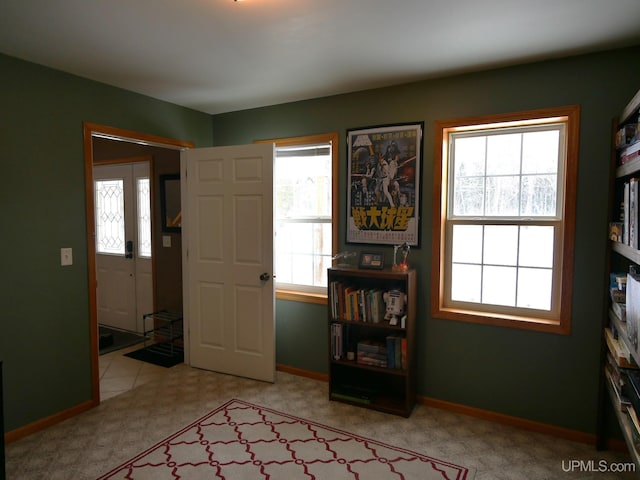 carpeted entrance foyer with a wealth of natural light