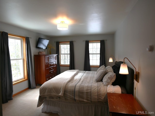 bedroom with multiple windows and light carpet