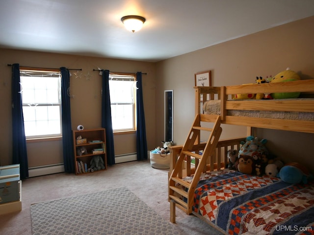 bedroom featuring carpet floors and a baseboard radiator