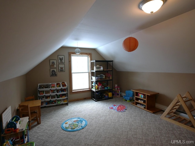 rec room with lofted ceiling and carpet flooring