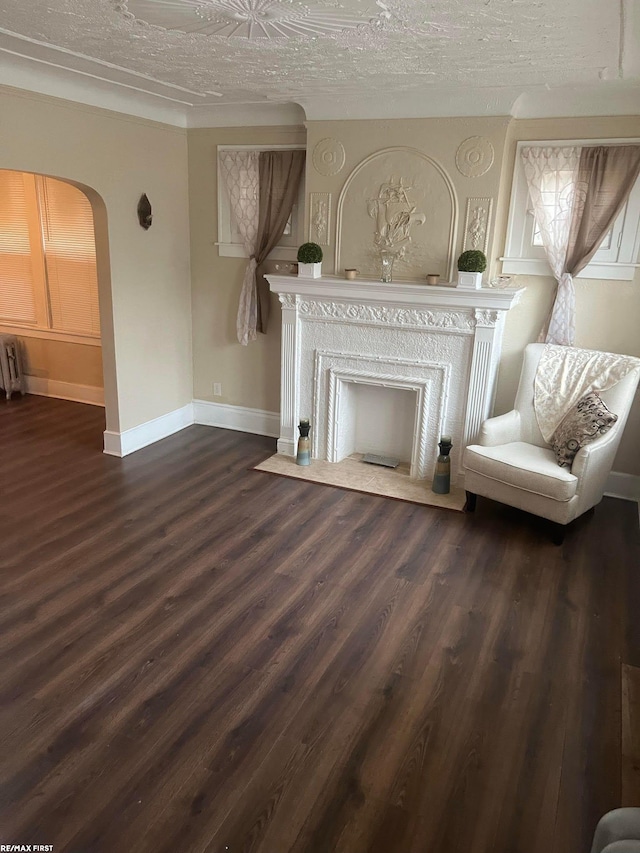 living area with dark wood-type flooring, radiator, and a textured ceiling