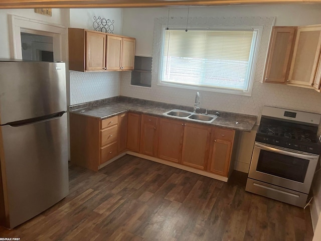 kitchen featuring sink, decorative backsplash, dark wood-type flooring, and stainless steel appliances