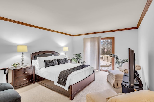 bedroom featuring ornamental molding, access to outside, and light carpet