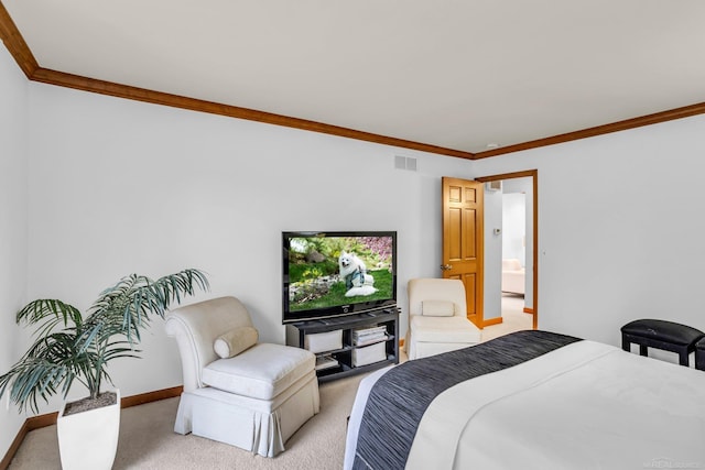 bedroom with light colored carpet and ornamental molding