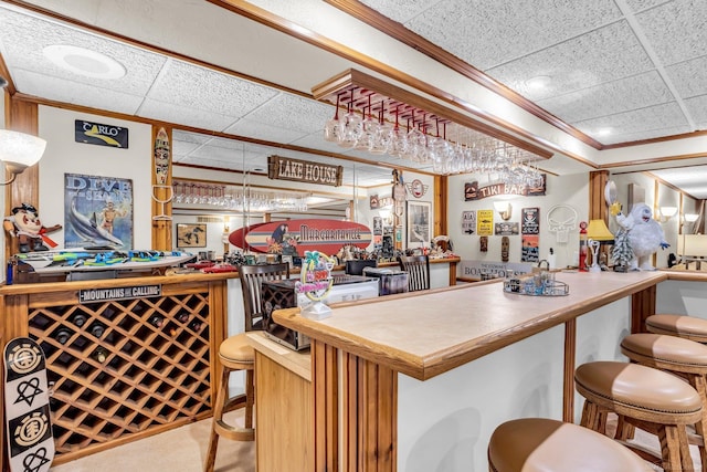 bar featuring crown molding and a drop ceiling