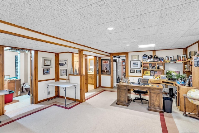 carpeted office space with ornamental molding