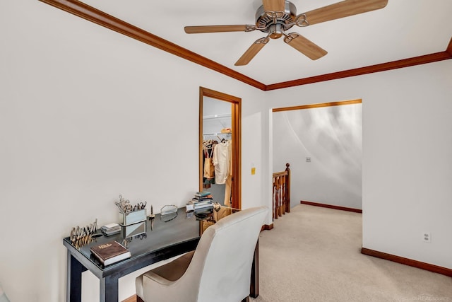 carpeted office with ceiling fan and ornamental molding