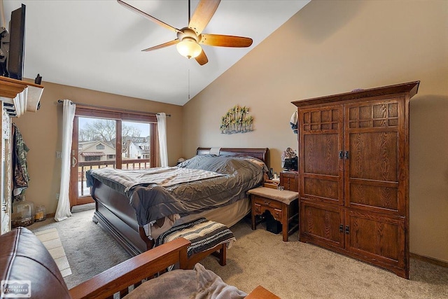 bedroom with access to exterior, high vaulted ceiling, light colored carpet, and ceiling fan