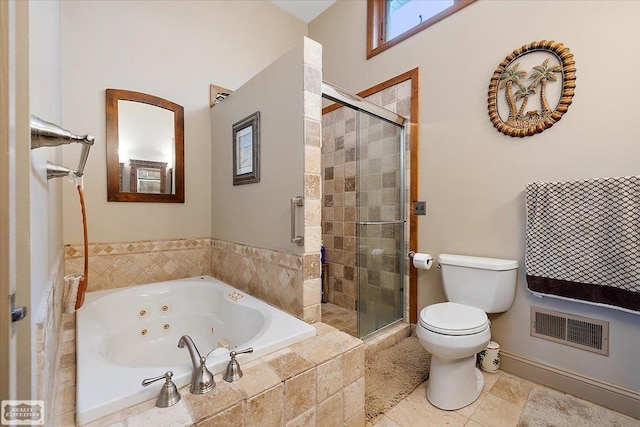 bathroom with toilet, visible vents, a whirlpool tub, and a stall shower