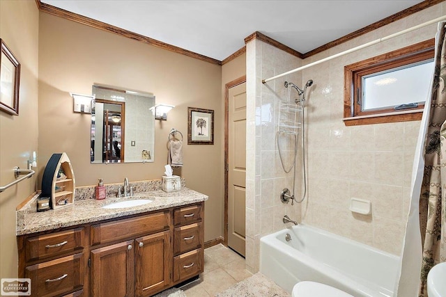 bathroom with vanity, ornamental molding, shower / bath combination with curtain, tile patterned floors, and toilet