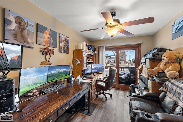 office area featuring ceiling fan and wood finished floors