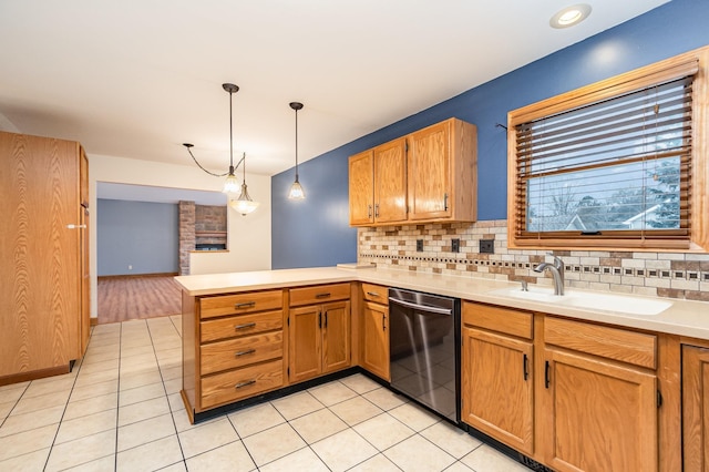 kitchen with sink, dishwasher, backsplash, decorative light fixtures, and kitchen peninsula