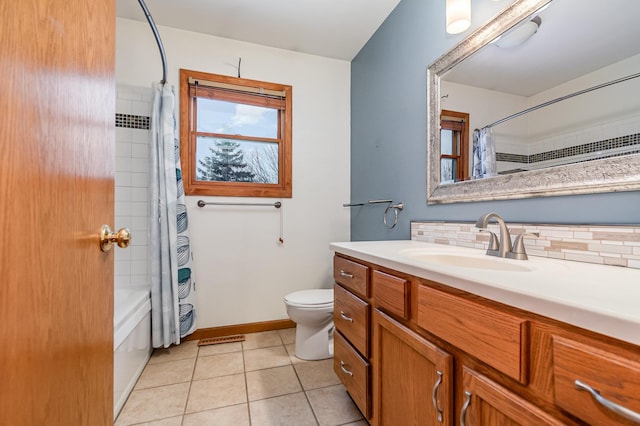 full bathroom featuring decorative backsplash, vanity, shower / tub combo, toilet, and tile patterned floors