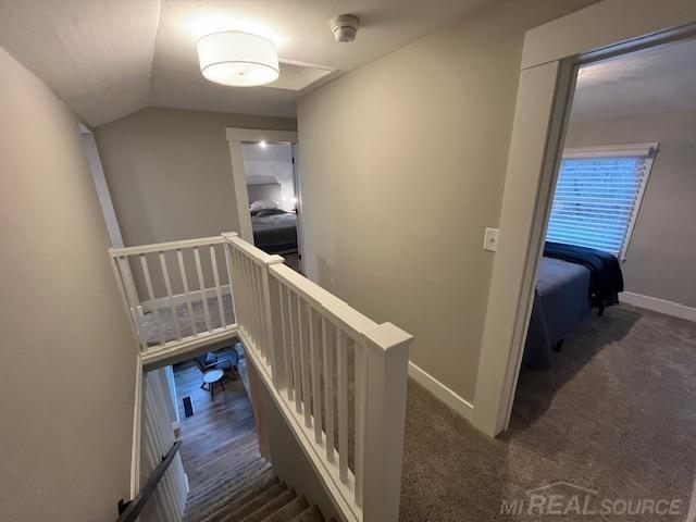 stairs featuring vaulted ceiling and carpet floors