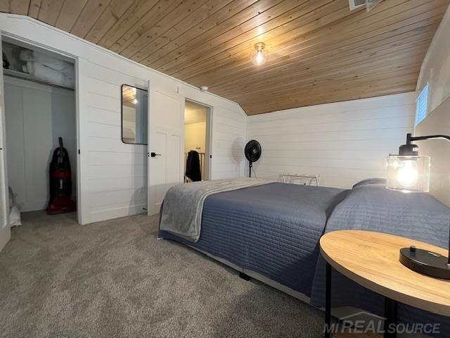 carpeted bedroom with wooden ceiling and a closet