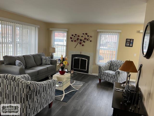 living room featuring a tiled fireplace and dark wood-type flooring