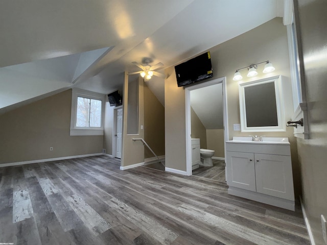interior space featuring vaulted ceiling, wood-type flooring, vanity, ceiling fan, and toilet
