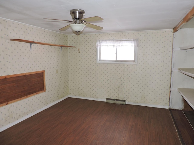 unfurnished room with crown molding, ceiling fan, and hardwood / wood-style floors