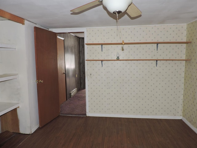 interior space with dark hardwood / wood-style floors and ceiling fan