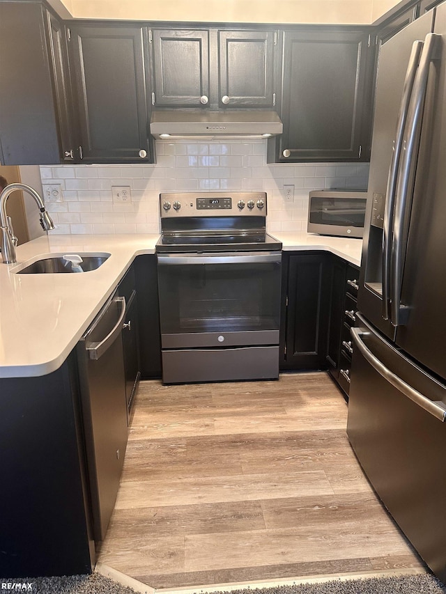 kitchen with tasteful backsplash, sink, light hardwood / wood-style flooring, and stainless steel appliances