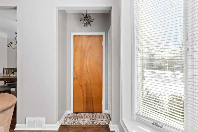 interior space featuring hardwood / wood-style floors, a chandelier, and a healthy amount of sunlight