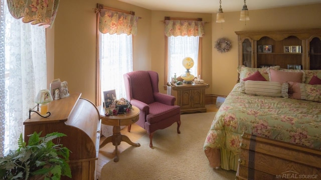 bedroom with light carpet