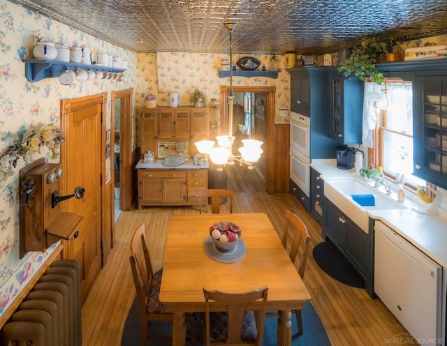 dining room featuring radiator, sink, and light wood-type flooring