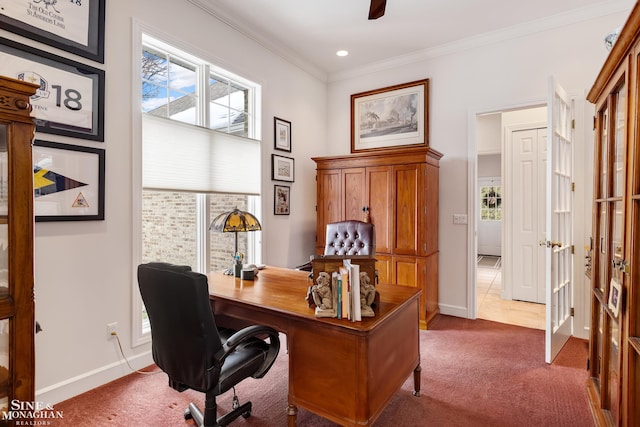 office with ornamental molding and carpet floors