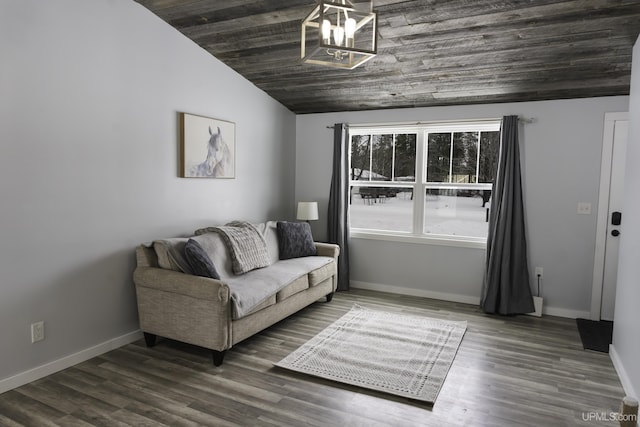 living room with wood ceiling, dark wood-type flooring, vaulted ceiling, and a chandelier