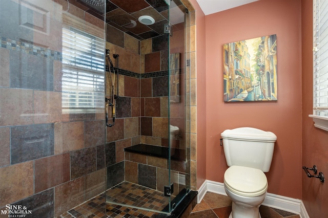 bathroom with plenty of natural light, toilet, and an enclosed shower