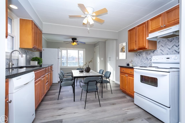 kitchen with tasteful backsplash, sink, ceiling fan, light hardwood / wood-style floors, and white appliances