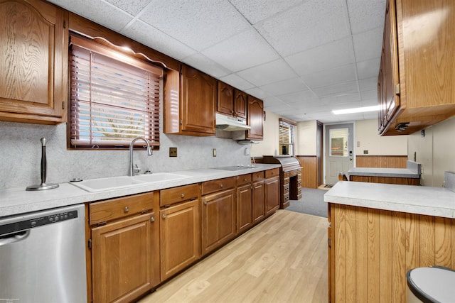 kitchen with a healthy amount of sunlight, dishwasher, sink, and light wood-type flooring