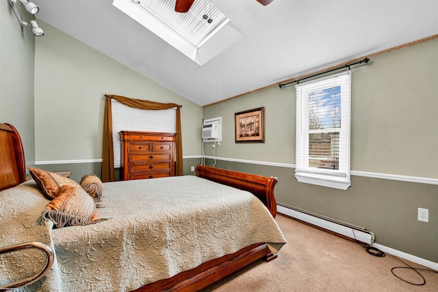 bedroom with lofted ceiling with skylight, a wall mounted AC, a baseboard heating unit, light colored carpet, and ceiling fan