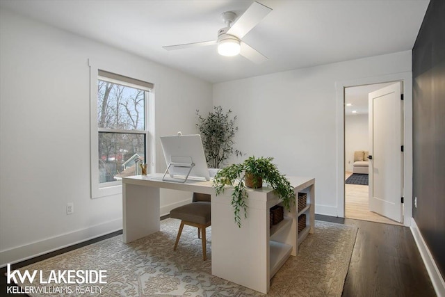 office with ceiling fan and dark hardwood / wood-style flooring