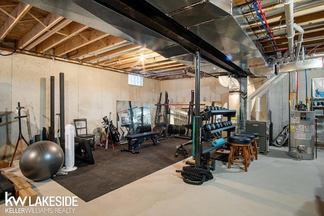 workout area featuring gas water heater