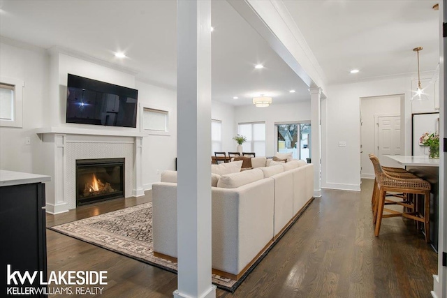 living room with a tile fireplace, crown molding, dark hardwood / wood-style floors, and decorative columns