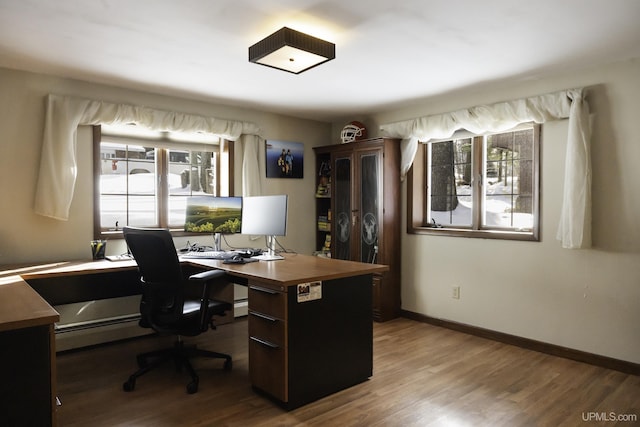 office featuring hardwood / wood-style floors and a baseboard radiator