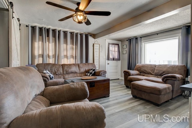 living room featuring light hardwood / wood-style floors, a barn door, and ceiling fan