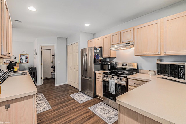 kitchen with light brown cabinetry, sink, stainless steel appliances, and dark hardwood / wood-style floors