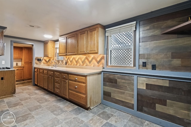 kitchen featuring crown molding, sink, decorative backsplash, and gas stovetop