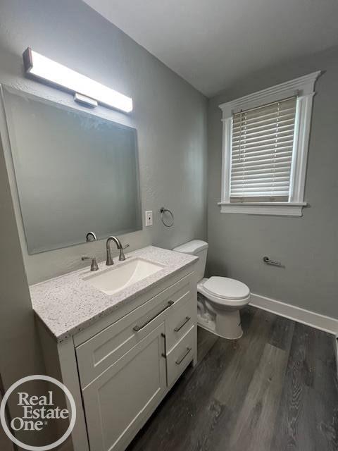 bathroom featuring vanity, wood-type flooring, and toilet