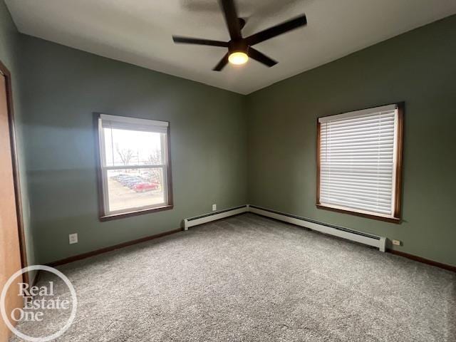 unfurnished room with lofted ceiling, carpet flooring, and ceiling fan