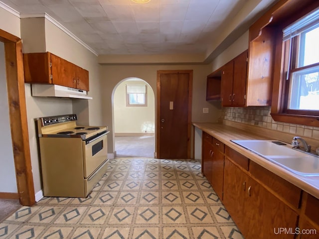 kitchen with tasteful backsplash, sink, electric range, and crown molding