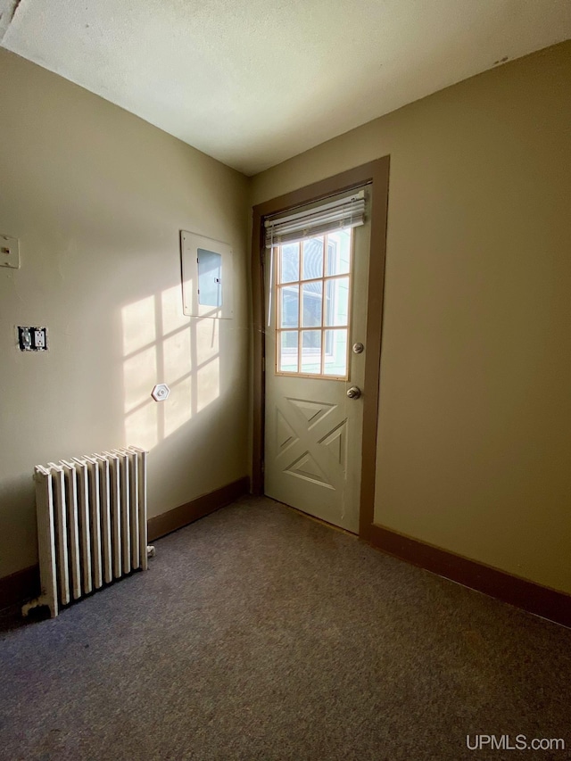 entryway with radiator and dark carpet