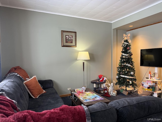 living room featuring crown molding